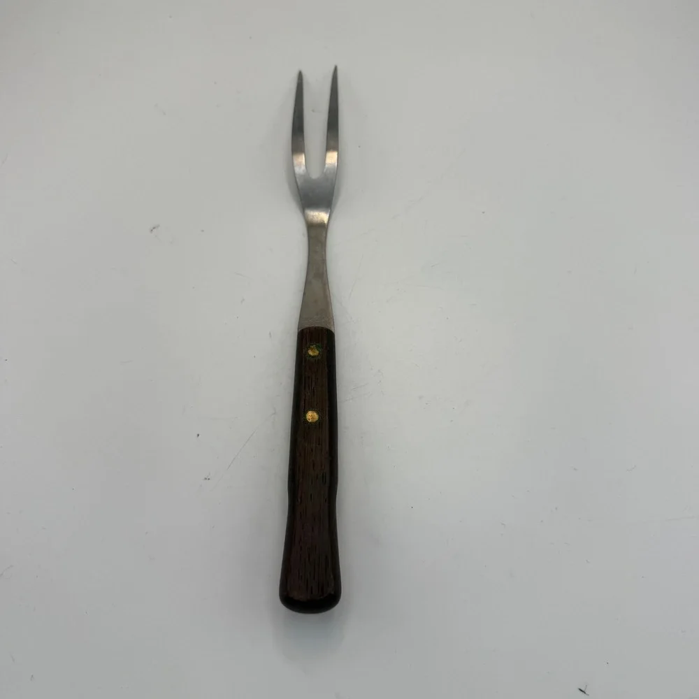 Vintage Flint USA Stainless Steel Carving Fork Wood Handle Arrowhead Logo 11.5in